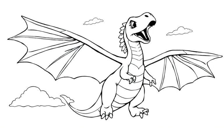 Dragon amical en noir et blanc, ailes déployées, gueule ouverte, dans le ciel avec des nuages.