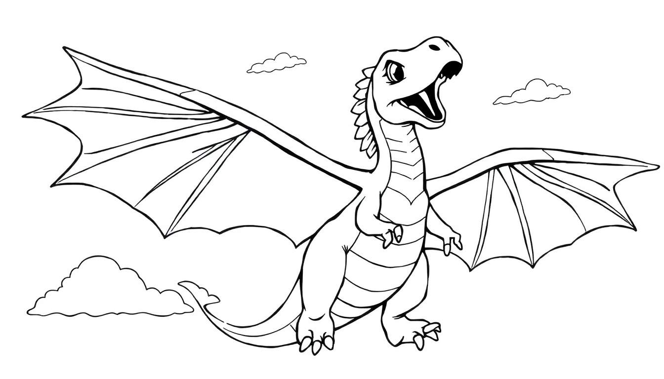 Dragon amical en noir et blanc, ailes déployées, gueule ouverte, dans le ciel avec des nuages.