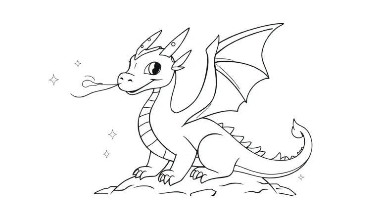 Dragon de dessin animé noir et blanc assis avec des ailes pliées, prêt pour le color panel.