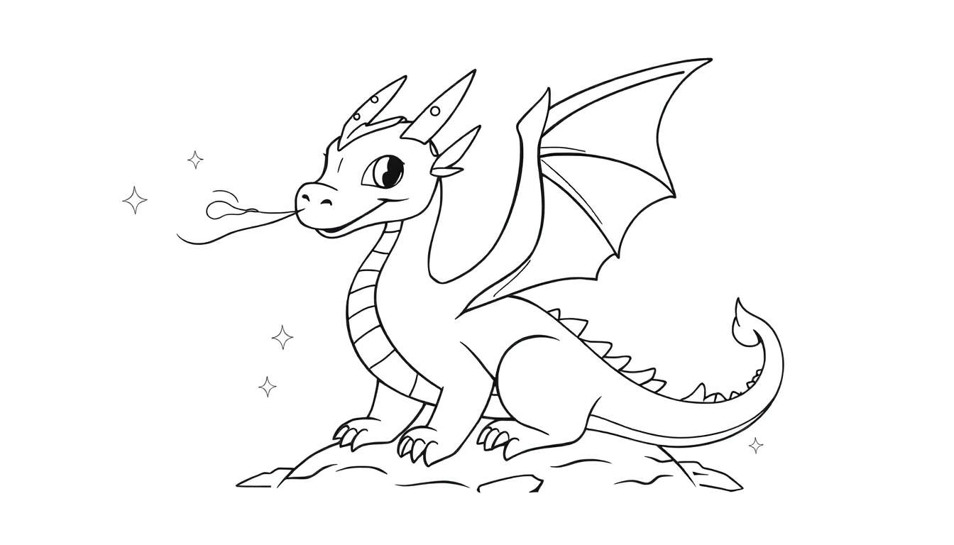 Dragon de dessin animé noir et blanc assis avec des ailes pliées, prêt pour le color panel.