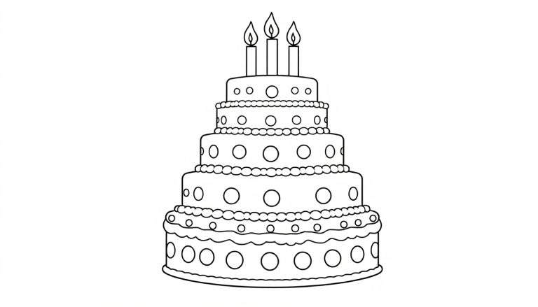 Gâteau d'anniversaire simple en noir et blanc avec cinq niveaux, décoré de cercles et de trois bougies sur le dessus, avec un espace pour un color panel.