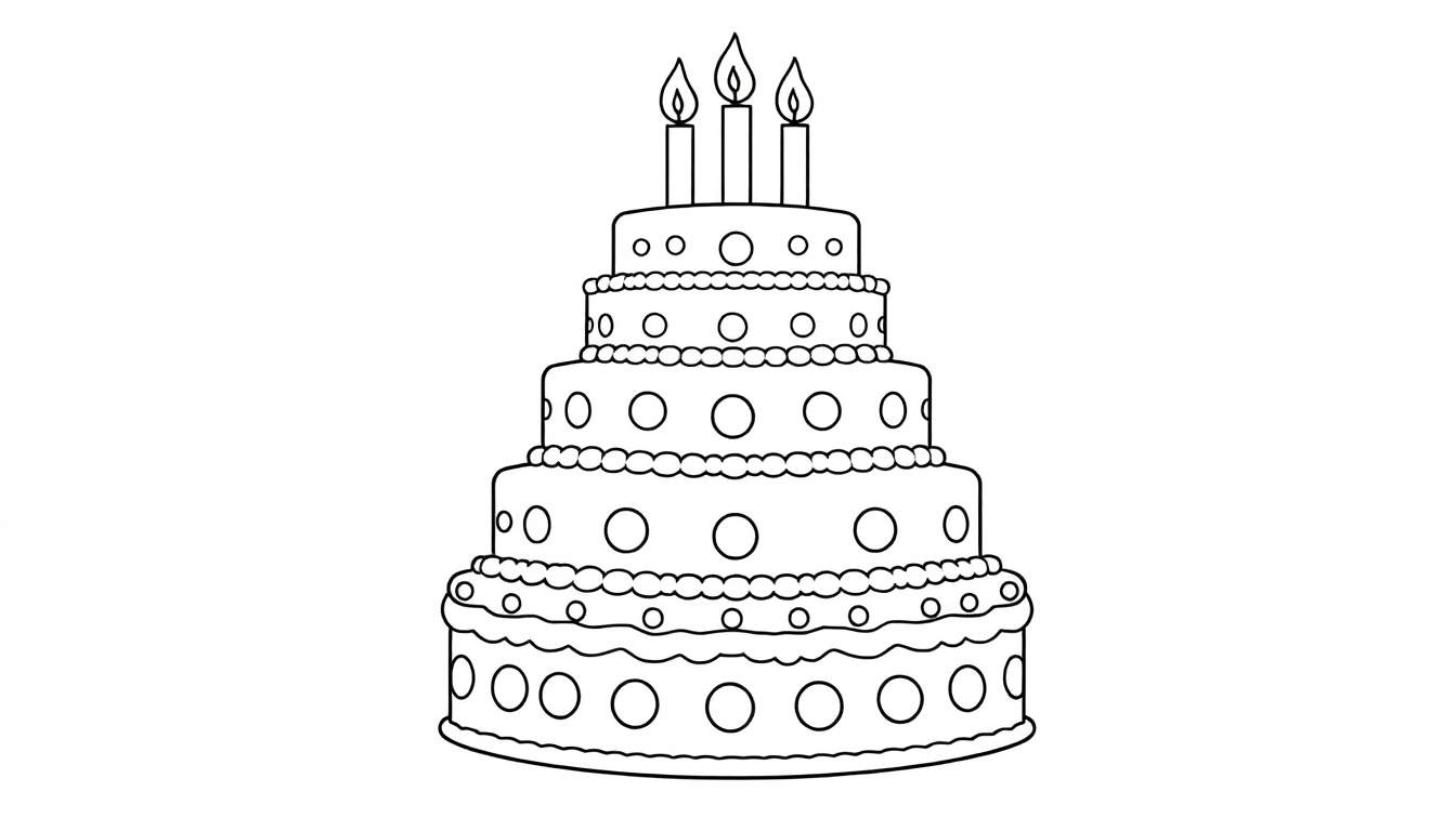 Gâteau d'anniversaire simple en noir et blanc avec cinq niveaux, décoré de cercles et de trois bougies sur le dessus, avec un espace pour un color panel.