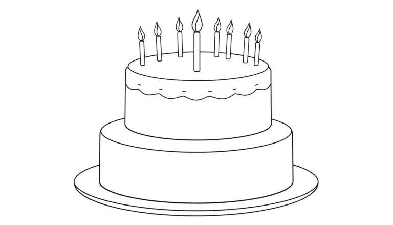 Gâteau d'anniversaire à deux étages, noir et blanc, avec des bougies allumées, prêt pour le color panel.