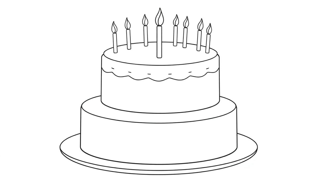 Gâteau d'anniversaire à deux étages, noir et blanc, avec des bougies allumées, prêt pour le color panel.