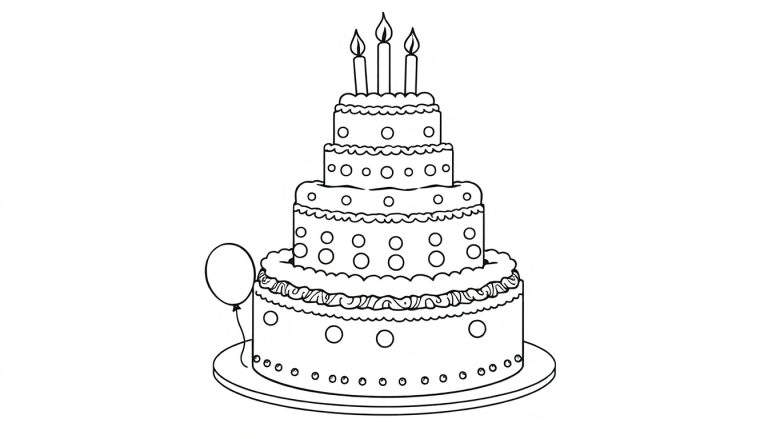 Un gâteau d'anniversaire noir et blanc à colorier, avec quatre étages décorés, trois bougies et un ballon.
