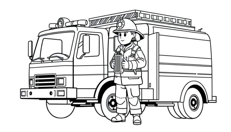 Un pompier dessiné se tient devant un camion de pompiers, prêt à colorier.