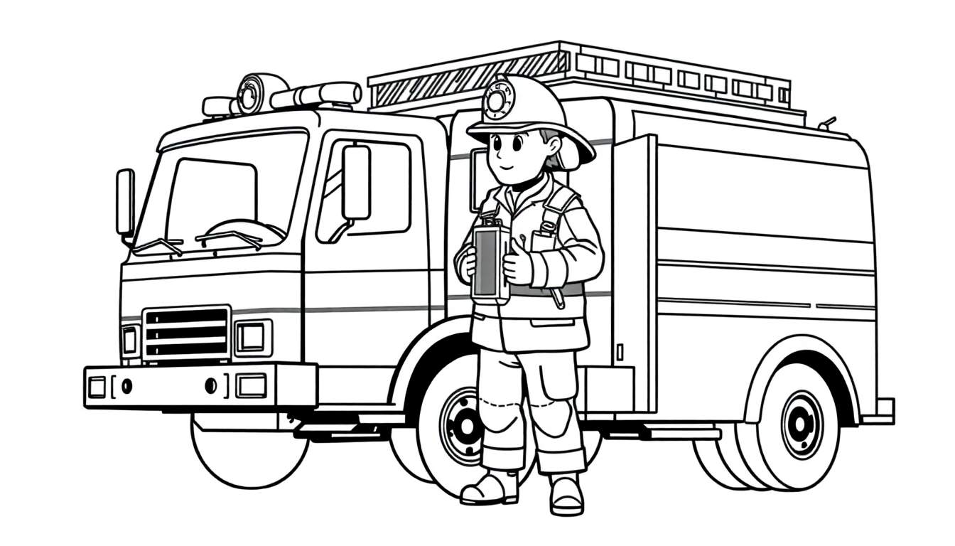 Un pompier dessiné se tient devant un camion de pompiers, prêt à colorier.