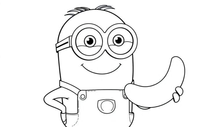 Un Minion joyeux tenant une banane et faisant un clin d'œil, avec un espace pour colorier.