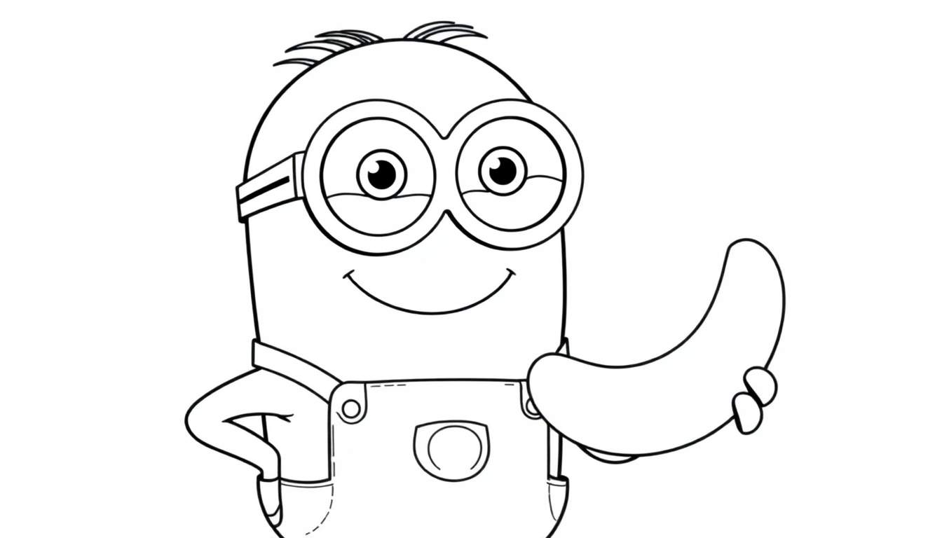 Un Minion joyeux tenant une banane et faisant un clin d'œil, avec un espace pour colorier.