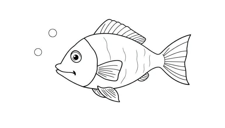 Dessin au trait d'un poisson amical avec des bulles, idéal pour un color panel.