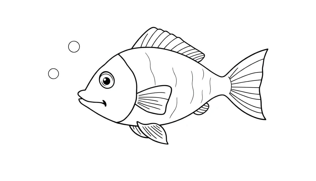 Dessin au trait d'un poisson amical avec des bulles, idéal pour un color panel.