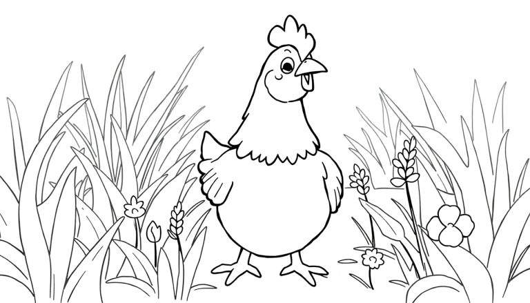 Un dessin au trait d'un poulet dans un pré, prêt pour le coloriage, avec des herbes et des fleurs, comme un panneau coloré.