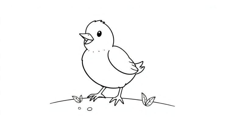 Un poussin dessiné au trait, joyeux sur une petite colline avec des feuilles, dans un color panel.