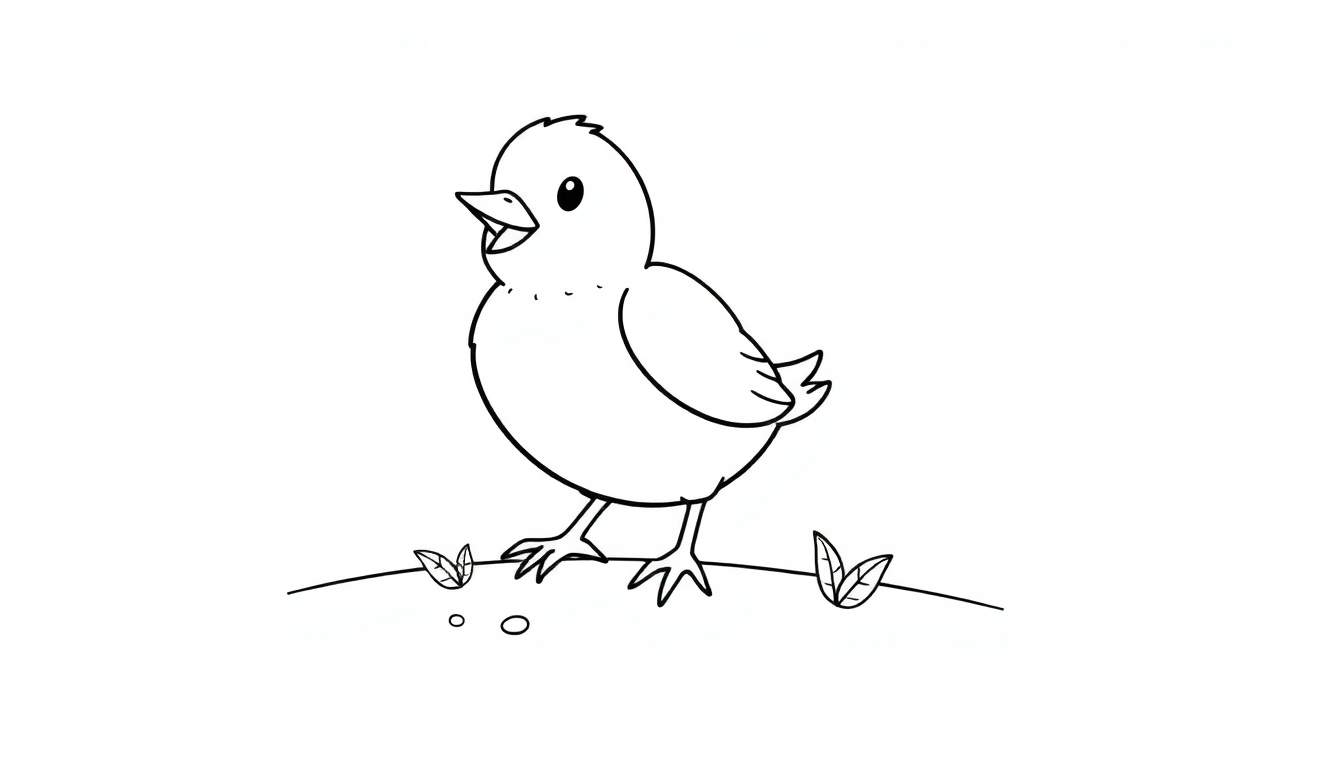 Un poussin dessiné au trait, joyeux sur une petite colline avec des feuilles, dans un color panel.