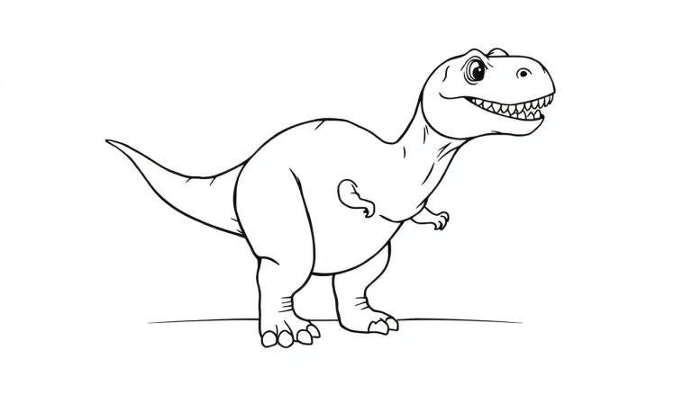 Un T-Rex souriant et dessiné en style cartoon, prêt pour un color panel.