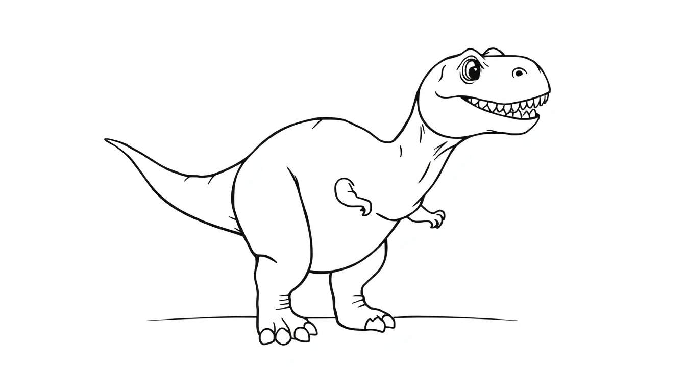 Un T-Rex souriant et dessiné en style cartoon, prêt pour un color panel.