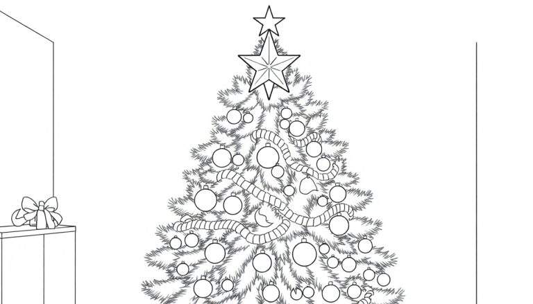 Dessin au trait d'un sapin de Noël décoré avec des boules, une guirlande et une étoile, à côté d'un cadeau sur une table.