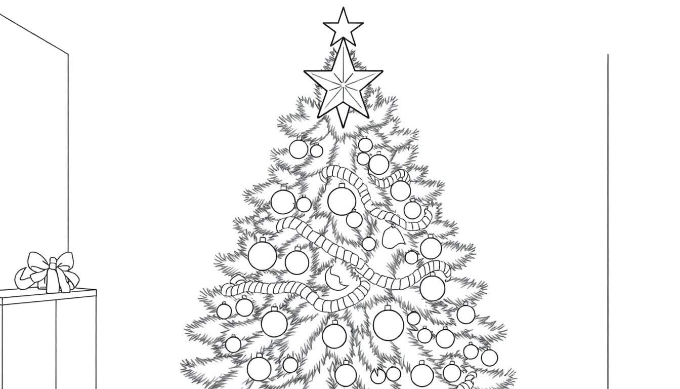 Dessin au trait d'un sapin de Noël décoré avec des boules, une guirlande et une étoile, à côté d'un cadeau sur une table.