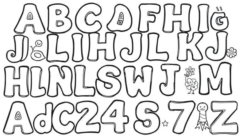 Alphabet en forme de bulles à colorier avec décorations, incluant un color panel.