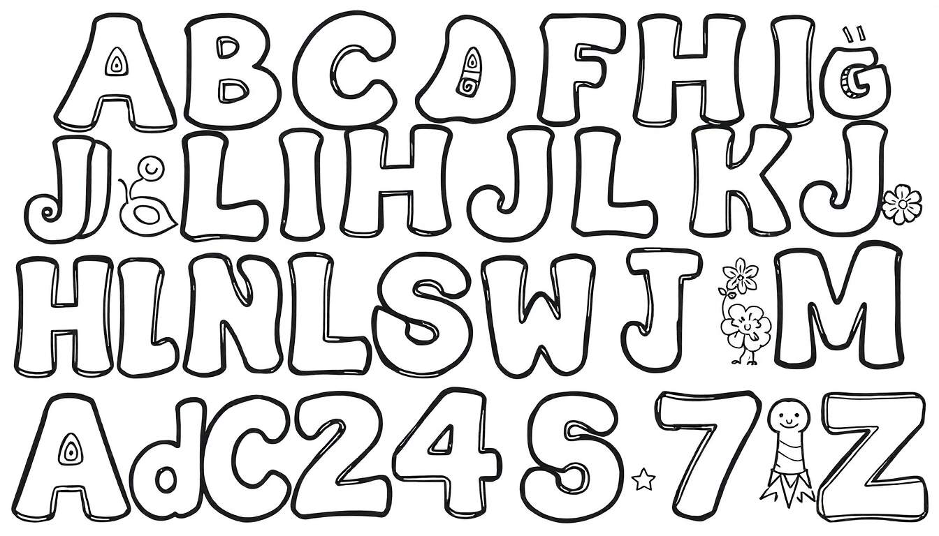 Alphabet en forme de bulles à colorier avec décorations, incluant un color panel.