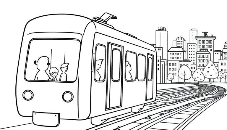 Un dessin au trait simple d'un train de métro traversant une ville, avec des passagers visibles à travers les fenêtres. Le paysage urbain et les arbres sont visibles à l'horizon. Ce dessin est un color panel.