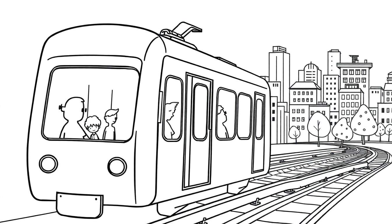 Un dessin au trait simple d'un train de métro traversant une ville, avec des passagers visibles à travers les fenêtres. Le paysage urbain et les arbres sont visibles à l'horizon. Ce dessin est un color panel.