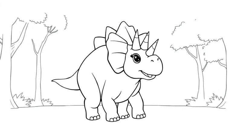 Dessin d'un tricératops souriant avec des cornes et une grande collerette, dans un paysage stylisé.