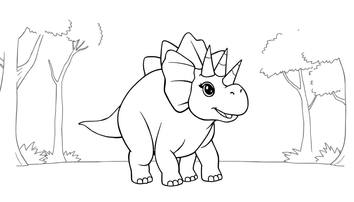 Dessin d'un tricératops souriant avec des cornes et une grande collerette, dans un paysage stylisé.