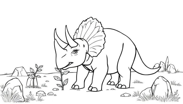 Dessin au trait d'un Tricératops se nourrissant d'une plante dans un paysage naturel, style coloriage.