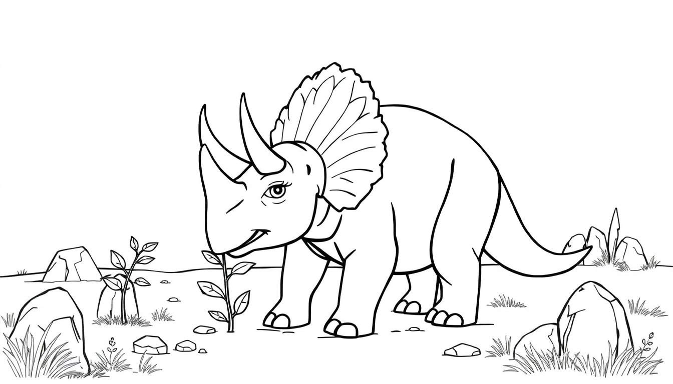 Dessin au trait d'un Tricératops se nourrissant d'une plante dans un paysage naturel, style coloriage.