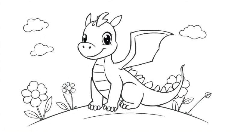 Un dragon de dessin animé mignon sur un color panel entouré de fleurs.
