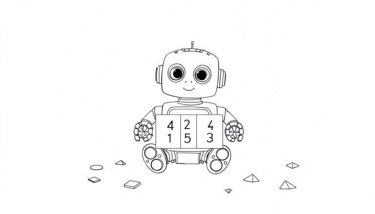 Un robot rond et amical avec une antenne tient une tablette à colorier affichant des chiffres, entouré de formes géométriques.