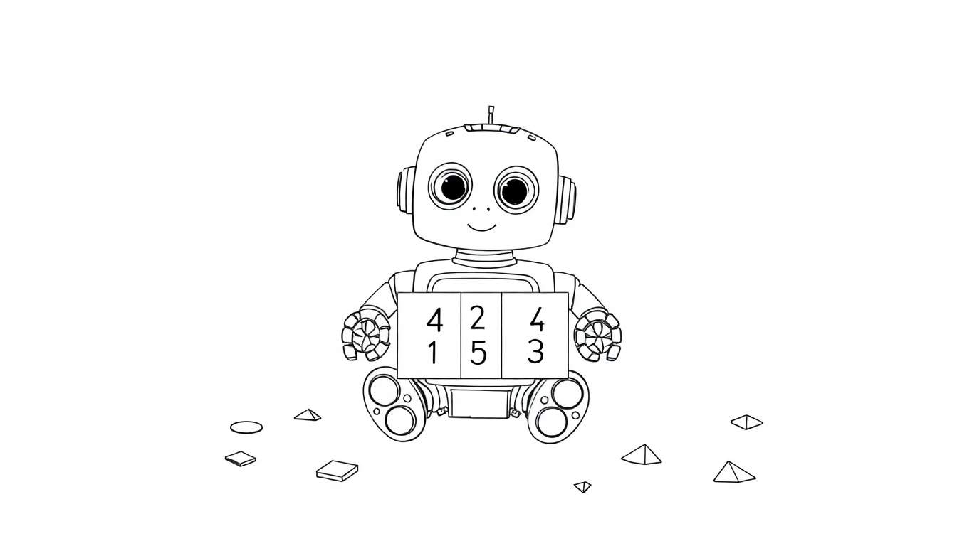 Un robot rond et amical avec une antenne tient une tablette à colorier affichant des chiffres, entouré de formes géométriques.