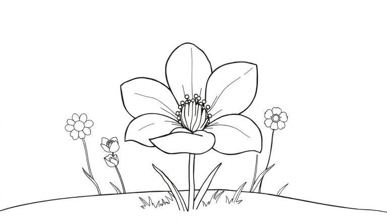 Un dessin au trait d'une grande fleur stylisée avec des pétales détaillés, entourée de fleurs plus petites sur des tiges fines, le tout sur une ligne d'horizon incurvée avec de l'herbe à la base, formant un color panel floral.