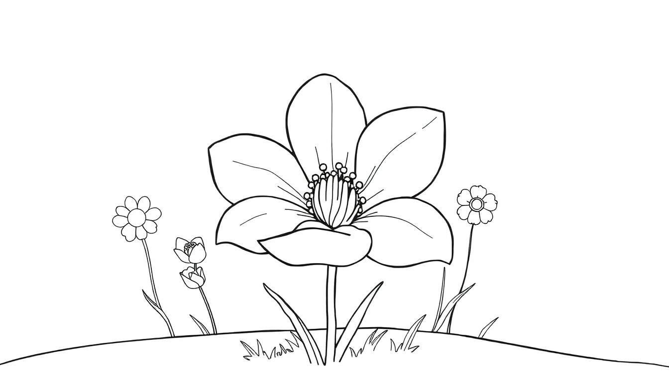 Un dessin au trait d'une grande fleur stylisée avec des pétales détaillés, entourée de fleurs plus petites sur des tiges fines, le tout sur une ligne d'horizon incurvée avec de l'herbe à la base, formant un color panel floral.
