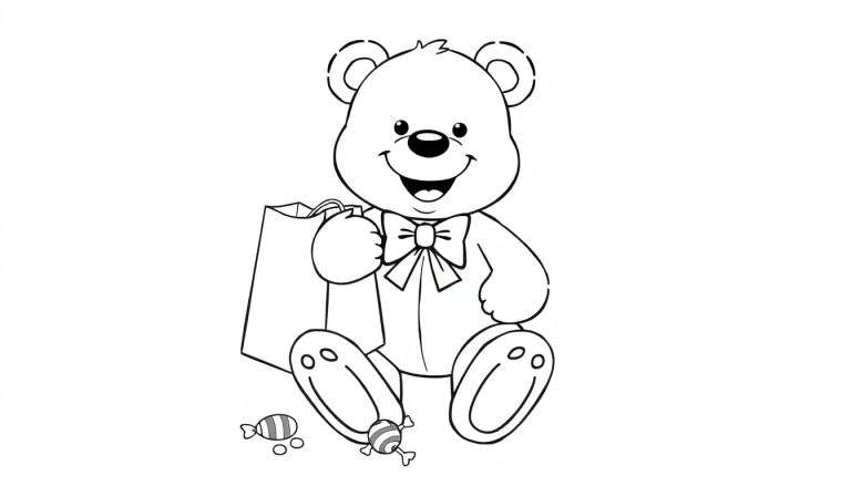 Un dessin au trait d'un ours en peluche souriant assis avec un nœud papillon, tenant un sac en papier, avec des bonbons près de ses pieds sur une page à colorier.