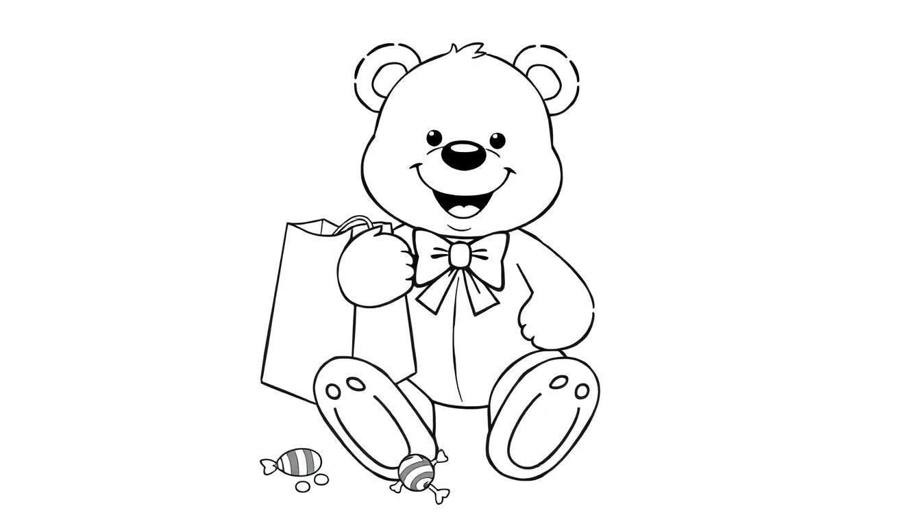 Un dessin au trait d'un ours en peluche souriant assis avec un nœud papillon, tenant un sac en papier, avec des bonbons près de ses pieds sur une page à colorier.
