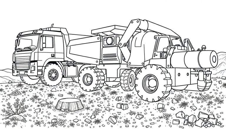 Dessin au trait d'un gros camion de chantier avec une pelle, prêt à être colorié.