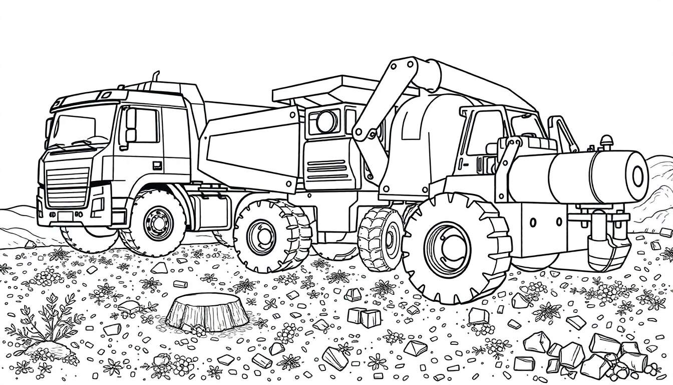 Dessin au trait d'un gros camion de chantier avec une pelle, prêt à être colorié.