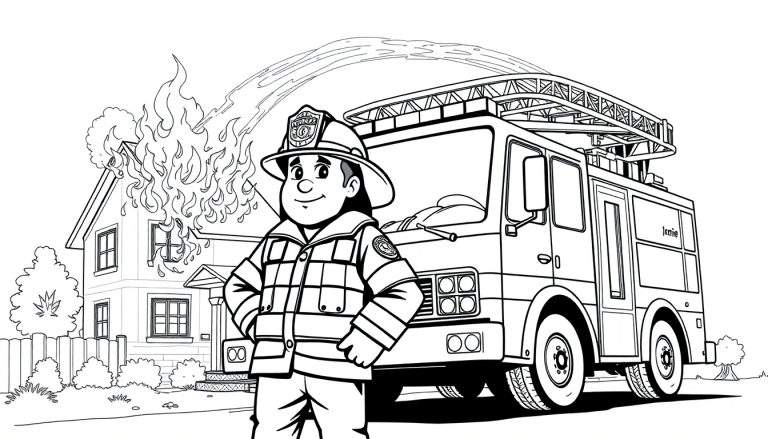 Un pompier souriant utilise un tuyau pour éteindre un feu sur une maison, avec un camion de pompiers à côté.