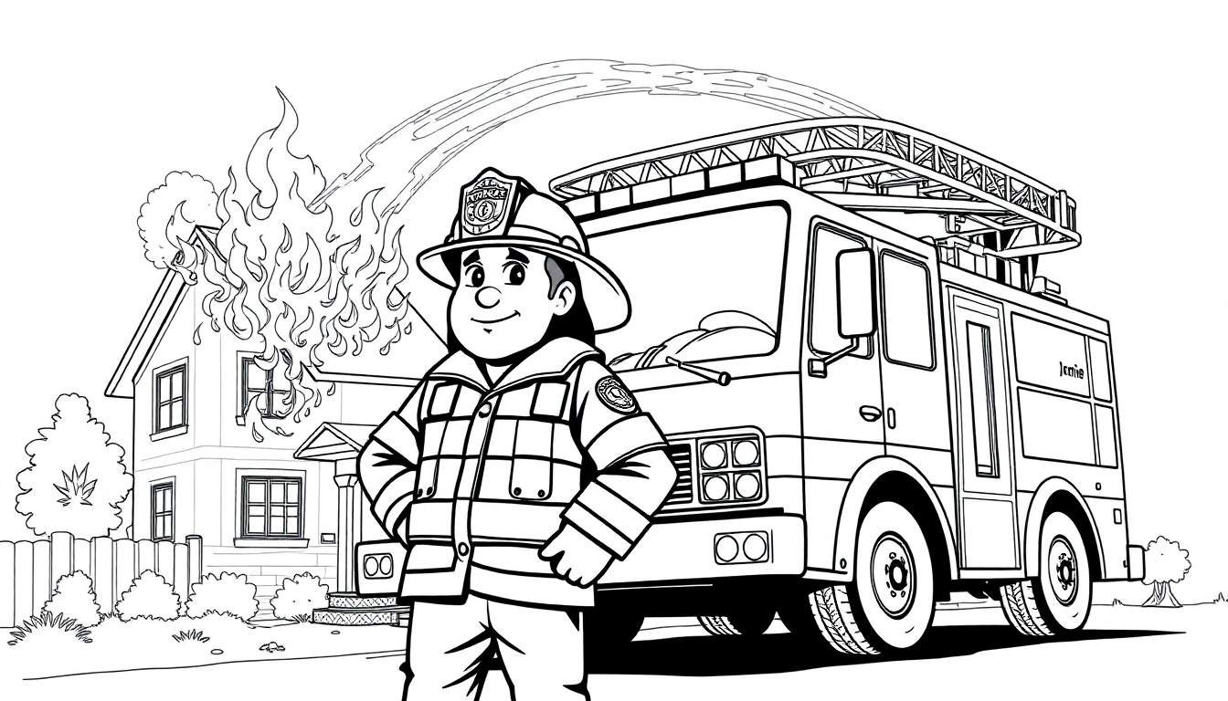 Un pompier souriant utilise un tuyau pour éteindre un feu sur une maison, avec un camion de pompiers à côté.