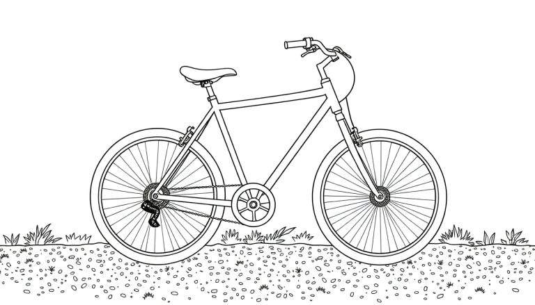 Un vélo dessiné au trait, prêt à être colorié, posé sur un chemin de gravier avec de l'herbe autour.