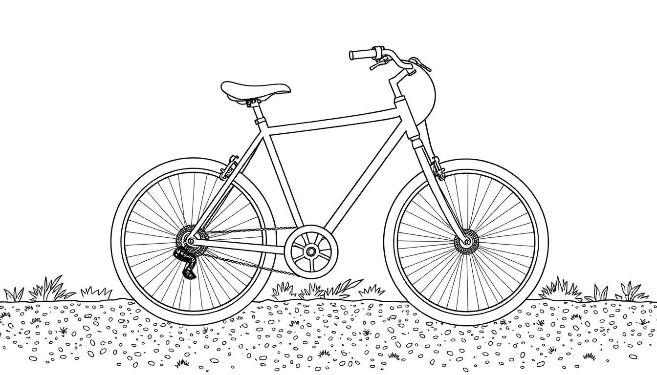 Un vélo dessiné au trait, prêt à être colorié, posé sur un chemin de gravier avec de l'herbe autour.