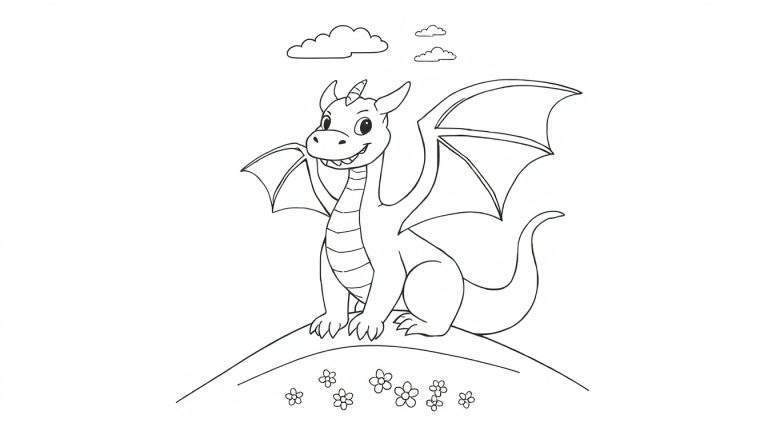 Dessin au trait d'un petit dragon mignon assis sur une colline, avec des ailes déployées et un sourire.