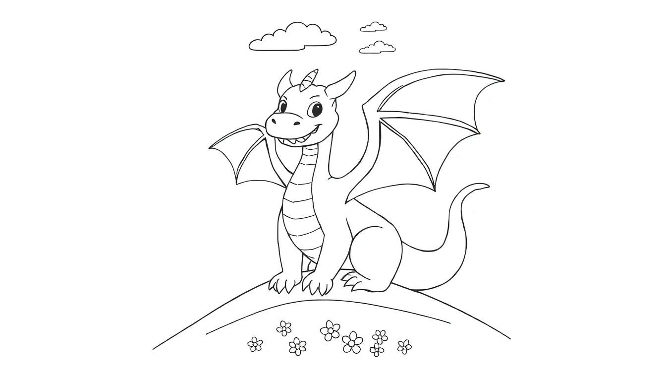 Dessin au trait d'un petit dragon mignon assis sur une colline, avec des ailes déployées et un sourire.