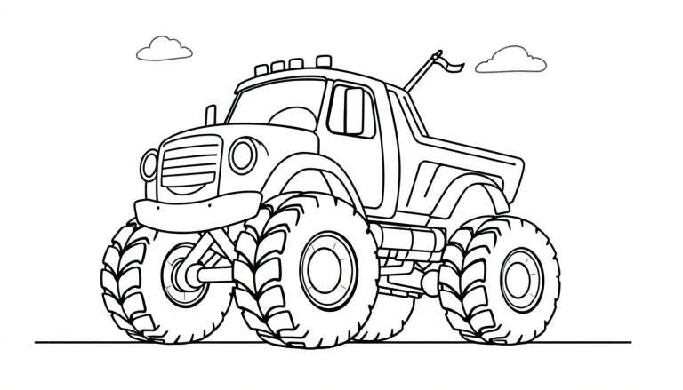 A friendly monster truck ready for adventure, a coloring page.