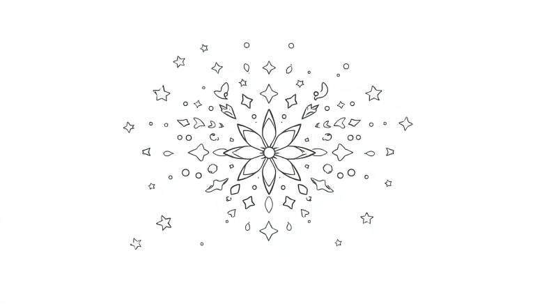 Illustration en noir et blanc d'une composition décorative avec une fleur centrale à huit pétales et des étoiles et des losanges autour, un color panel.