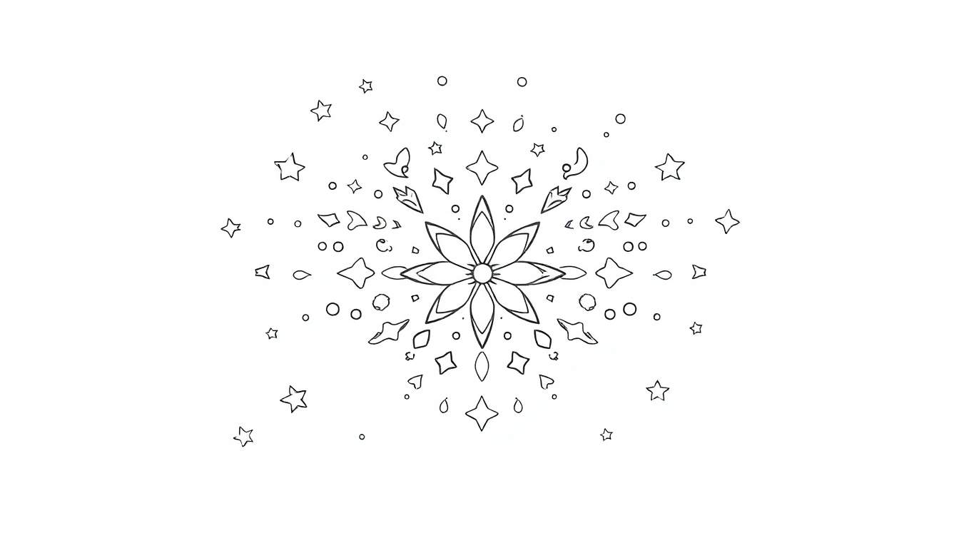 Illustration en noir et blanc d'une composition décorative avec une fleur centrale à huit pétales et des étoiles et des losanges autour, un color panel.