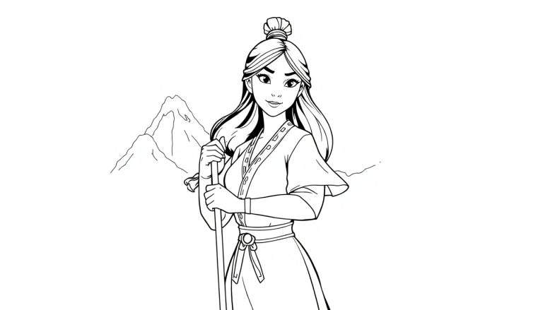 Mulan, guerrière au chignon, tenant un bâton devant des montagnes, dessin au trait.