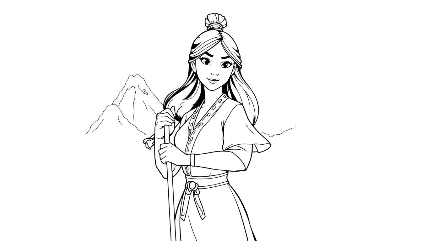 Mulan, guerrière au chignon, tenant un bâton devant des montagnes, dessin au trait.